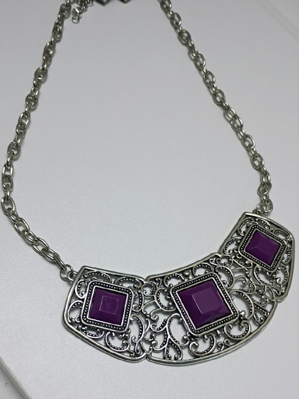 Silver-Tone Filigree Necklace with Purple Gem Accents And Earrings